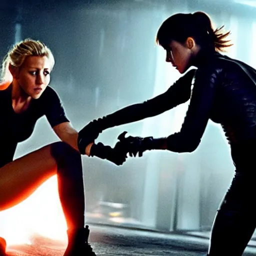 Image similar to julianne hough and jennifer lawrence fighting by ridley scott, secret agents, wearing black shorts, wearing black boots, wearing a cropped tops, blade runner, highly detailed, action movie still, intense, sharp focus, cyberpunk, hq