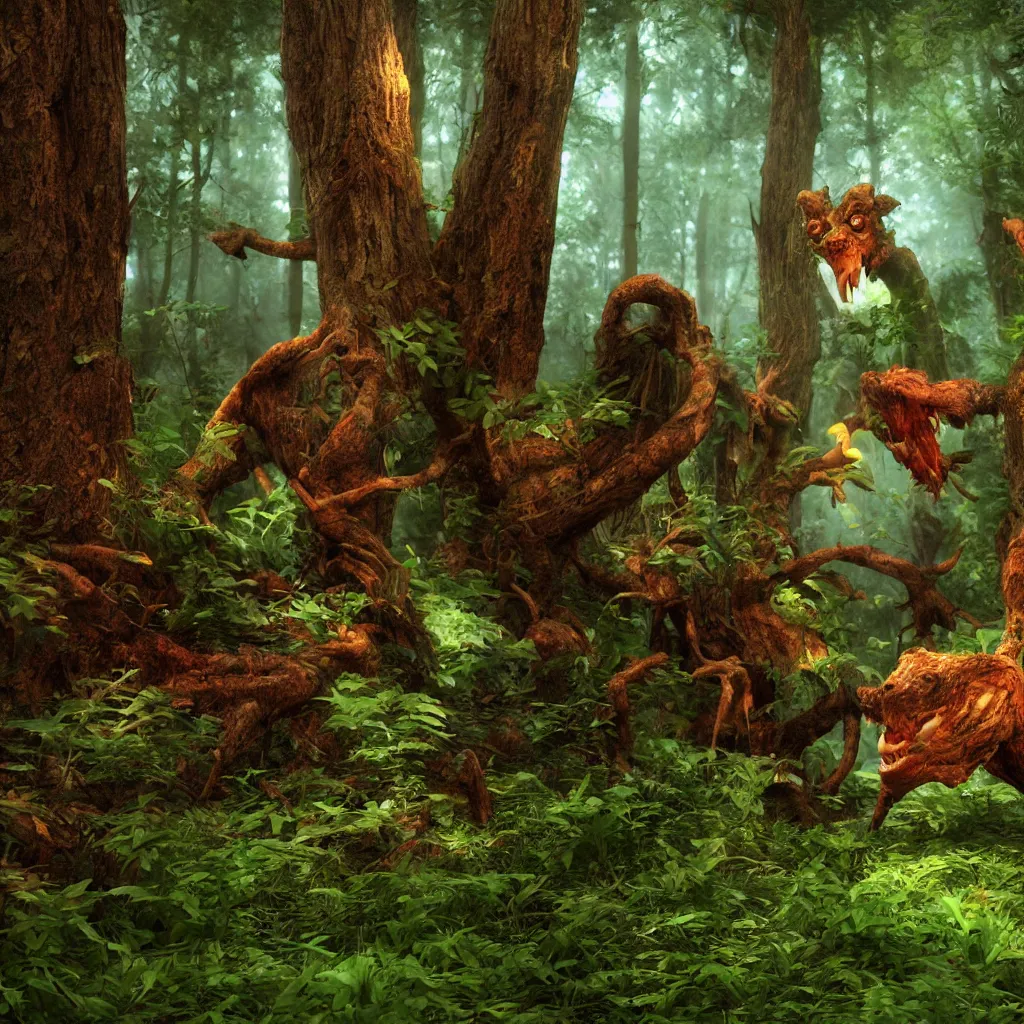 Image similar to funky forest movie monster digital art, redshift render, hyperrealistic, ray - tracing