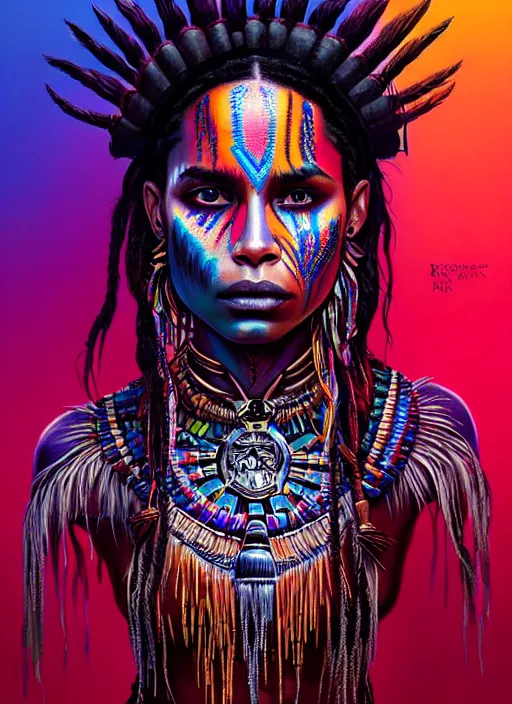 Image similar to portrait of zoe kravitz, hyper detailed ultra sharp aztec shaman warrior. trending on artstation, warpaint aesthetic, bloodwave, colorful, psychedelic, ornate, intricate, digital painting, concept art, smooth, sharp focus, illustration, art by artgerm and greg rutkowski and h. r. giger, 8 k