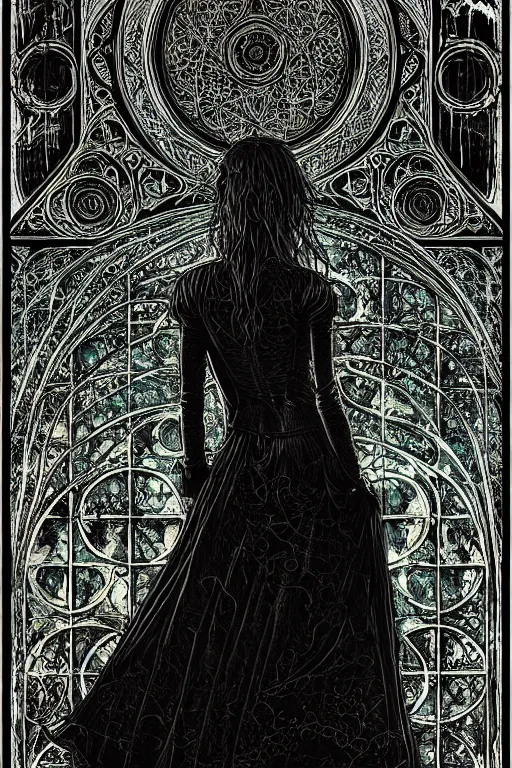 Prompt: dreamy gothic girl, nice long black leather, detailed acrylic, grunge, intricate complexity, by dan mumford and by alberto giacometti, peter lindbergh