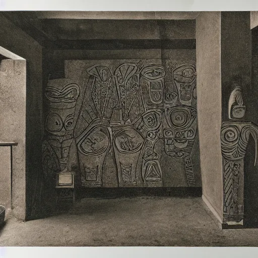 Image similar to a lithography photographic print of an exotic object on display in a room | hybrid meaning | anthropology of thoughts | precolombian modernism | high quality