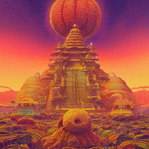 Prompt: highly detailed illustration of a temple on a strange planet, by moebius, by kilian eng, by sam freio, by thomas rome, by victor mosquera, by bruce pennington, juxtapoz, behance, dayglo, prismatic