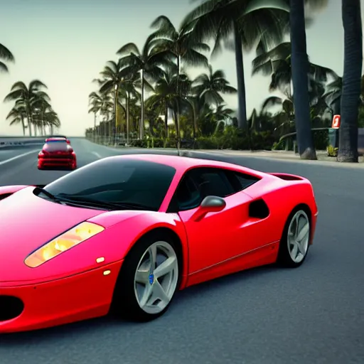 Prompt: a 3D render depicting Outrun videogame. Car from behind. Red Ferrari. Palm trees. Horizon. Unreal Engine. Octane Render. Vray. Arnold Render. Car Shader. 80s Videogame. infinite road. audience around the road. Miami