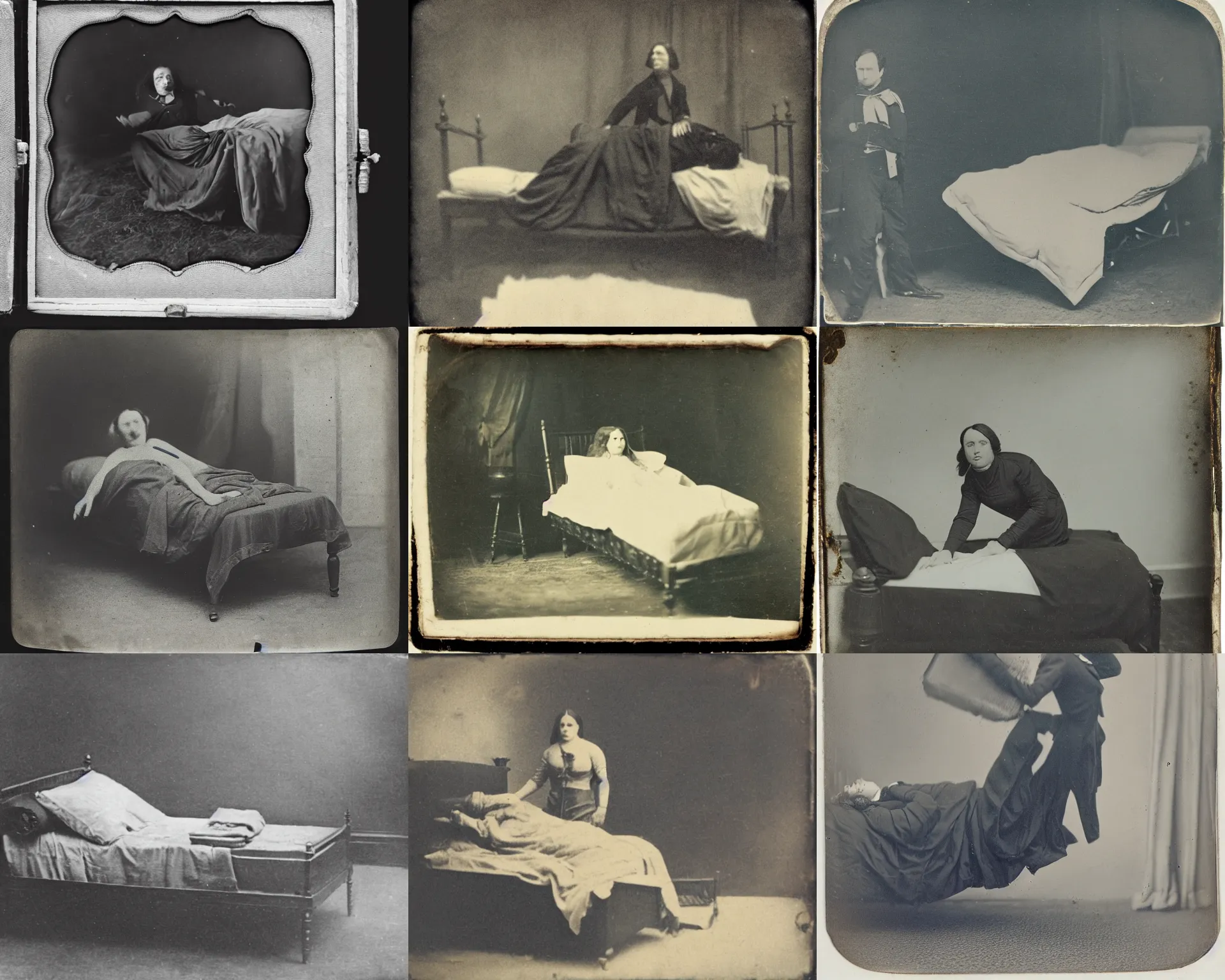 Prompt: daguerreotype photo of a person being thrown out of bed by a phantom limb