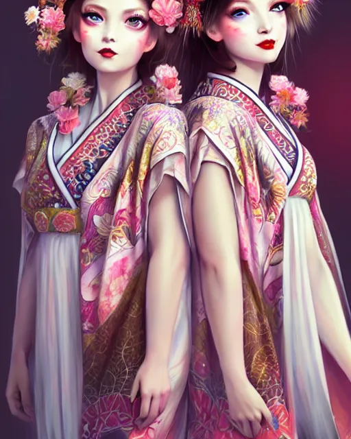 Image similar to two beautiful fashion siberian girls wear fantasy kimono in festival | | big eyes, sunny, dreamlike art, realistic shaded, smile, good looking, hyper details, 4 k realistic, cryengine, realistic shaded lighting poster by artgerm, ross tran, fuji choko, loish, 8 k resolution, trending on artstation, luxury