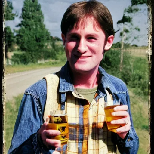 Image similar to country bumpkin harry potter drinking a beer, old pickup, beat up shirt