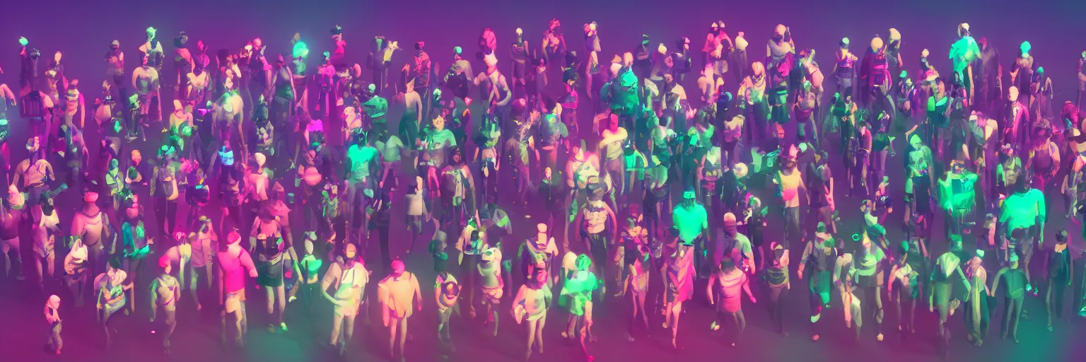 Image similar to volumetric photo of all the people of Llanet earth, unreal engine, retrowave color palette, 3d render, lowpoly, colorful, digital art