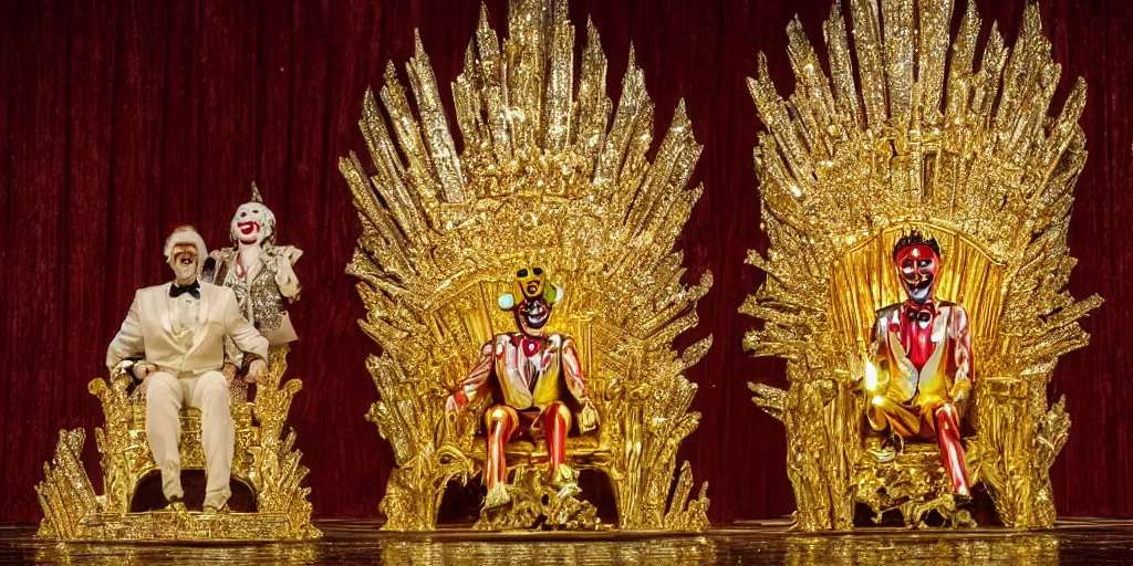 Image similar to shining majestic throne made of millions of diamonds, gold and zaphires with thousands of light reflections, and a stupid clown on a suit is sitting on the throne while handing a globe, 4 k