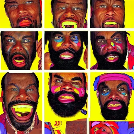 Image similar to mr. t on acid, detailed facial expressions, 1 9 8 0 s aesthetic