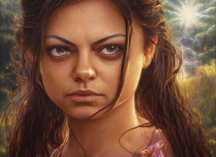 Prompt: big-eyed surprised Mila Kunis staring intensely into the camera, sundown golden hour firefly wisps, Lilia Alvarado, Sophie Anderson, Mark Arian, Bob Byerley, Charlie Bowater, Mark Brooks, Steve Henderson, Justin Gerard, Arthur Hughes, Edward Robert Hughes, Mark Keathley, Victor Nizovtsev, Carlos Shwabe, Ross Tran, WLOP