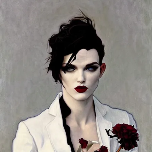 Image similar to beautiful portrait of androgynous ruby rose as desire from sandman in a white tuxedo!!!, rockabilly style,, by alphonse mucha, by jeremy mann, by peter lindbergh, cedric peyravernay, by frank moth, white suit and black tie, soft lightning, high detailed, 8 k