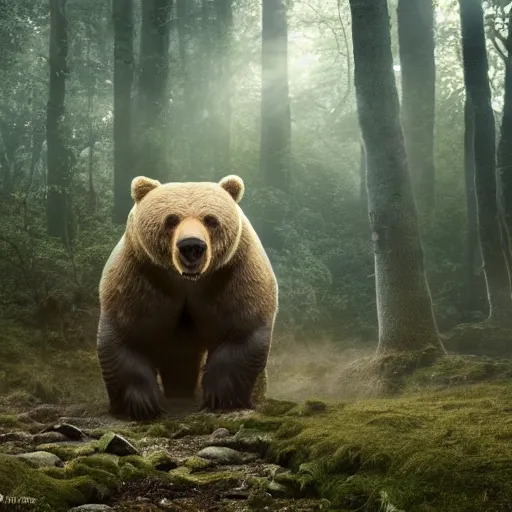 Image similar to a large bear-shaped lovecraftian monster running quickly through a woodland, magical forest, fantasy, Ireland, England, king Arthur, Lord of the rings, cinematic, realistic style, beautiful, majestic, dramatic lighting, early morning, dawn CGsociety, realistic, hyper maximalist, golden ratio, octane render, rule of thirds, wide shot , 8k resolution, epic volumetric light, cinematography, concept art, Artstation trending, environments, fantasy