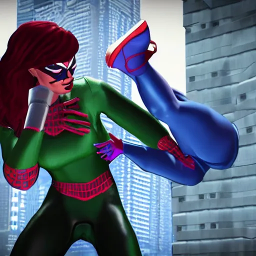 Image similar to transgender Spider-Man with makeup and lipstick fighting supervillain George Michael, ps5 game, cinematic, cut-scene