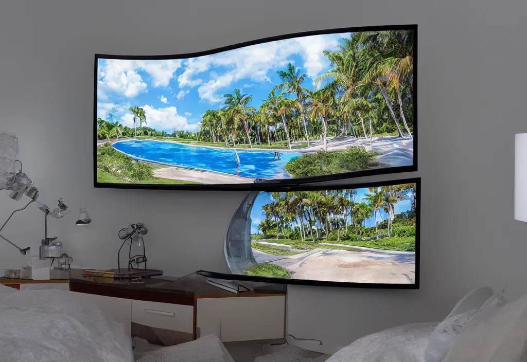 Image similar to curved transparent tv with florida weathermap, volumetric lighting, bedroom, visor, users, pair of keycards on table, bokeh, creterion collection, shot on 7 0 mm, instax