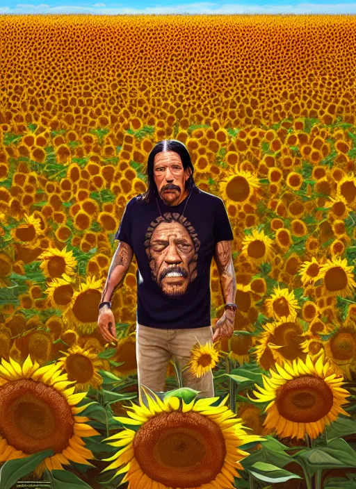 Prompt: danny trejo in a field of sunflowers, art by artgerm and makoto shinkai, sunset, portrait, highly detailed, digital painting, trending on artstation, concept art, sharp focus, illustration
