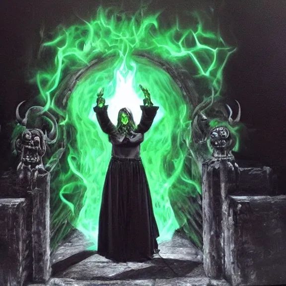 Image similar to woman summon the deathgate portal to the green flame hellgod's home, photograph taken by lord illusion of hyperrealism, dark creepy oil painting