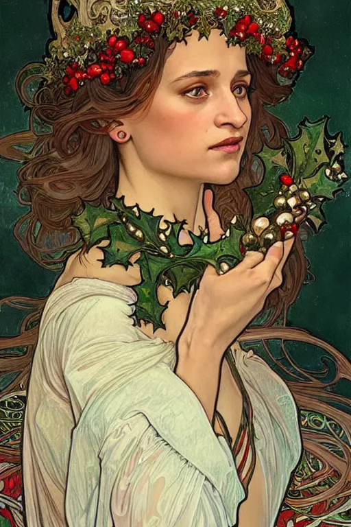 Prompt: realistic art nouveau style detailed portrait of alicia vikander wearing a holly wreath as a crown at christmas by alphonse mucha, charlie bowater, anddonato giancola art nouveau style, white red and green christmas colors