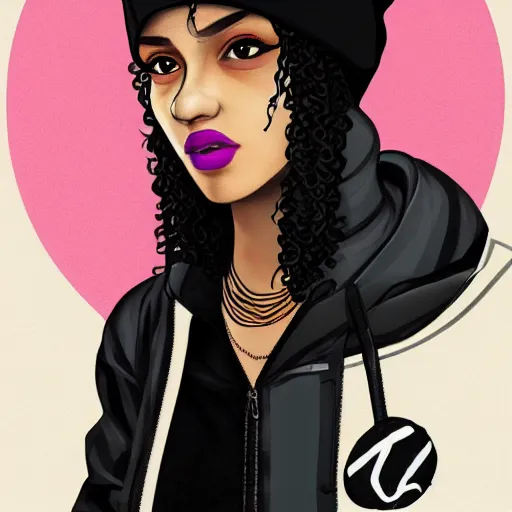 Image similar to illustration of a mixed woman with a septum piercing, short curly hair, winged eyeliner, black beanie, black bomber jacket, goth aesthetic, trending on artstation