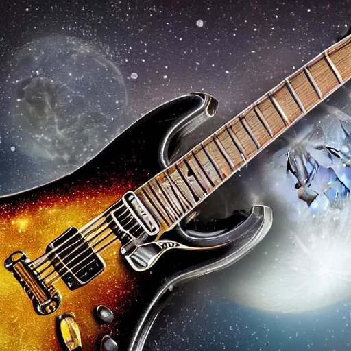 Prompt: a closeup of the headstock of an electric guitar and a beer can laying on the surface of the moon. detailed