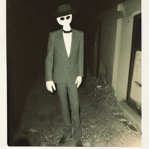 Prompt: polaroid of slenderman standing in dark alley