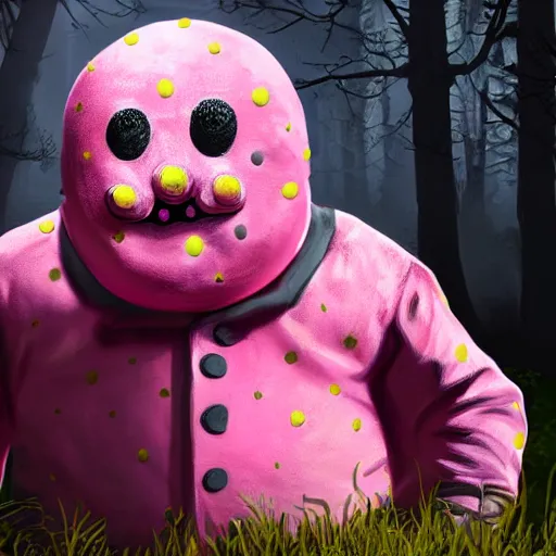 Image similar to high detail concept art of pink Mr Blobby with yellow spots as a Dead by Daylight character, 4k, terrifying, character portrait