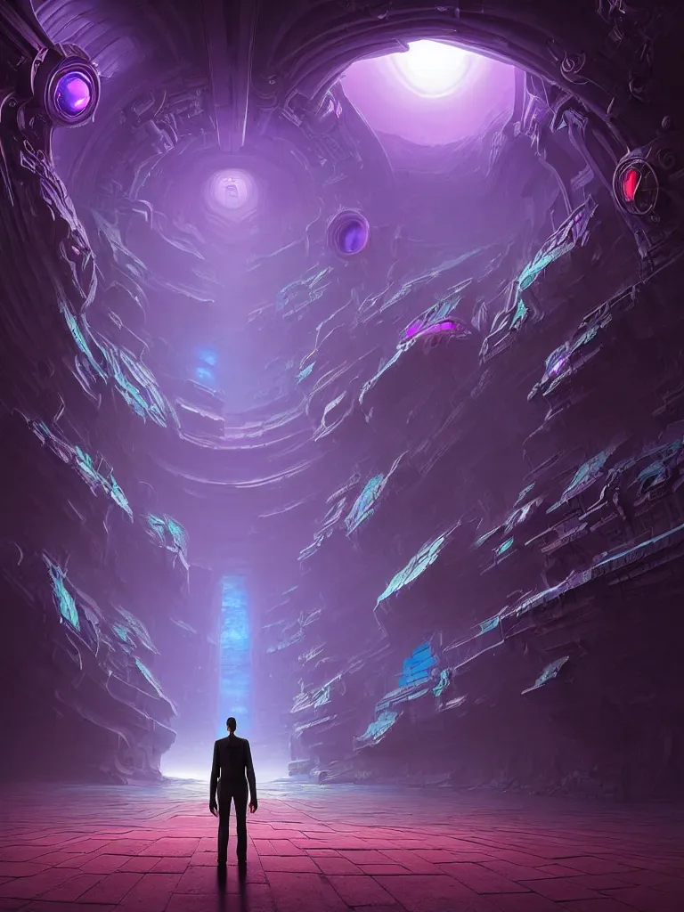 Image similar to entrance to ethereal realm, humans and robots, rendered in unreal engine, central composition, symmetrical composition, dreamy colorful cyberpunk colors, 6 point perspective, fantasy landscape with anthropomorphic!!! terrain!!! in the styles of igor morski, jim warren, and rob gonsalves, intricate, hyperrealistic, volumetric lighting, big sky, distinct horizon