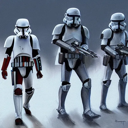 Image similar to an extremely long shot of an imperial stormtrooper walking concept art by Doug Chiang cinematic, realistic painting, high definition, very detailed, extremely high detail, photo realistic, symmetrical, concept art, the Mandalorian concept art style