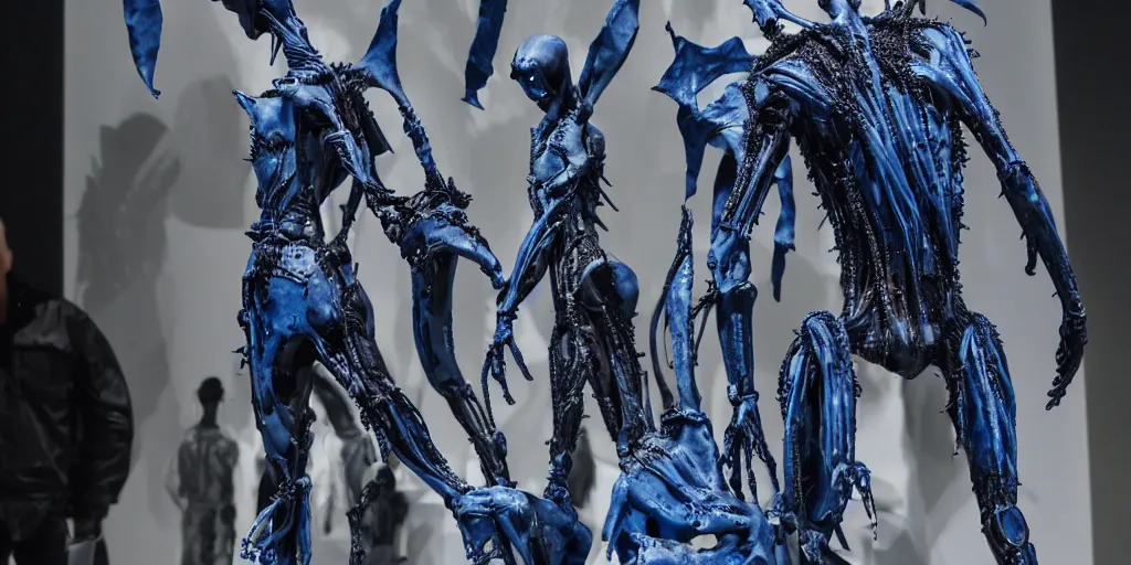 Prompt: blue human with rick owens iron spikes xenomorph intricated jewelry figure plastic jumping in a runway fashion show, realistic photography paparazzi by Nick Knight and Luis Royo