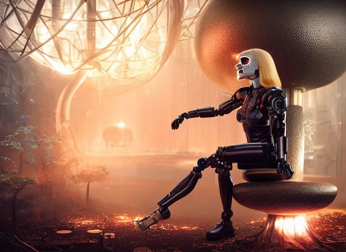 Prompt: photo of an intricate and sophisticated terminator woman with borg enhancements, blonde hair, plastic mask, sitting on a giant mushroom in a weird magical mechanical forest and drinking a cup of tea. Very detailed 8k. Fantasy cyberpunk horror. Sharp. Unreal 5 render with nanite, global illumination and path tracing. Cinematic post-processing