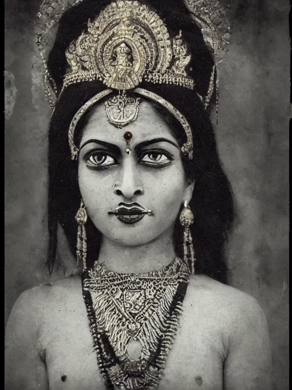 Prompt: portrait of Hindu Goddess Kali, ww1 photo, grainy, high detail, high resolution,