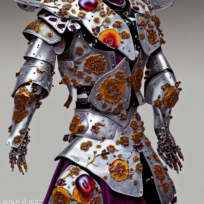 Image similar to ceramic cyborg, Kakiemon design armor with plums and stylized flowers in glaze and gilding, diffuse lighting, fantasy, intricate, elegant, highly detailed, lifelike, photorealistic, digital painting, artstation, illustration, concept art, smooth, sharp focus, art by John Collier and Albert Aublet and Krenz Cushart and Artem Demura and Alphonse Mucha