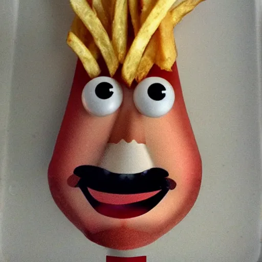 Prompt: [ a french fry chip ] shaped like stephen fry as a pixar character hybrid intercross mix