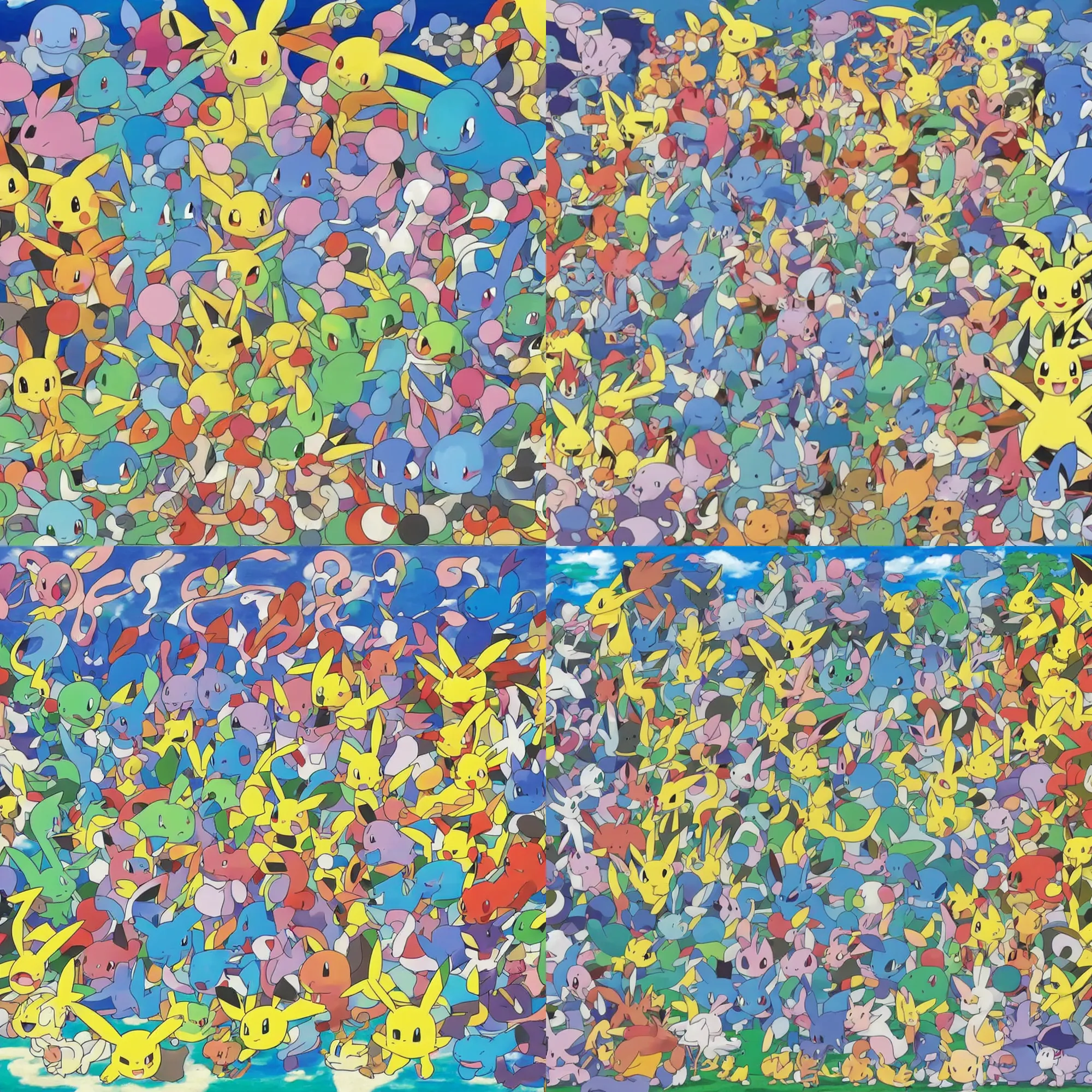 Prompt: official art of a diverse, rainbow-colored crowd of Pokemon, by Ken Sugimori, Bulbapedia :: lapras::1 mewtwo::1 tangela::1 flareon::1 pikachu::0