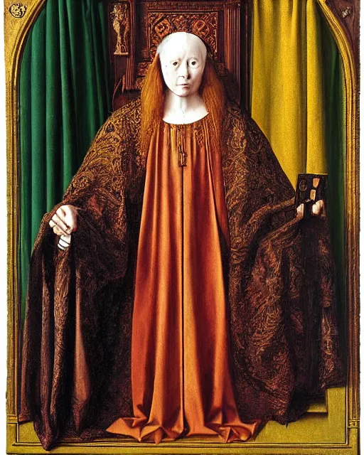 Image similar to the high priestess tarot card painted by jan van eyck, highly detailed, oil painting