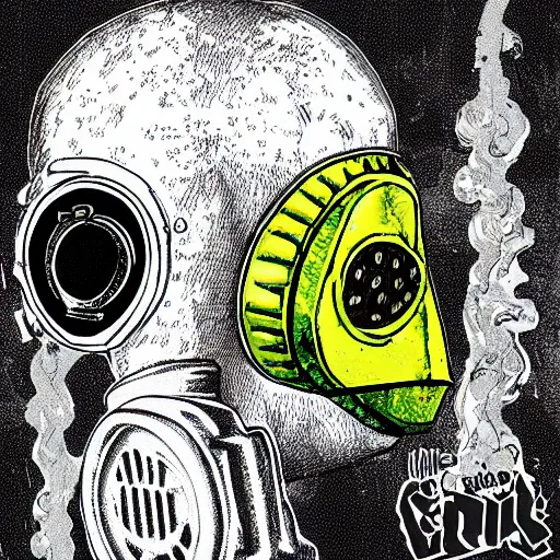 Image similar to elf with gas mask, stoner album art by arik roper