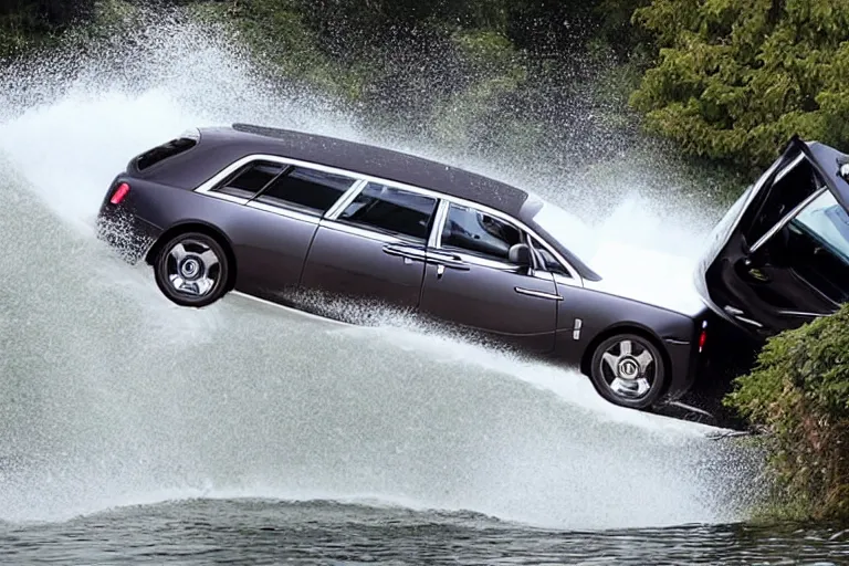 Image similar to Group of teenagers push Rolls-Royce into lake with their hands from a small slide wanting to drown him