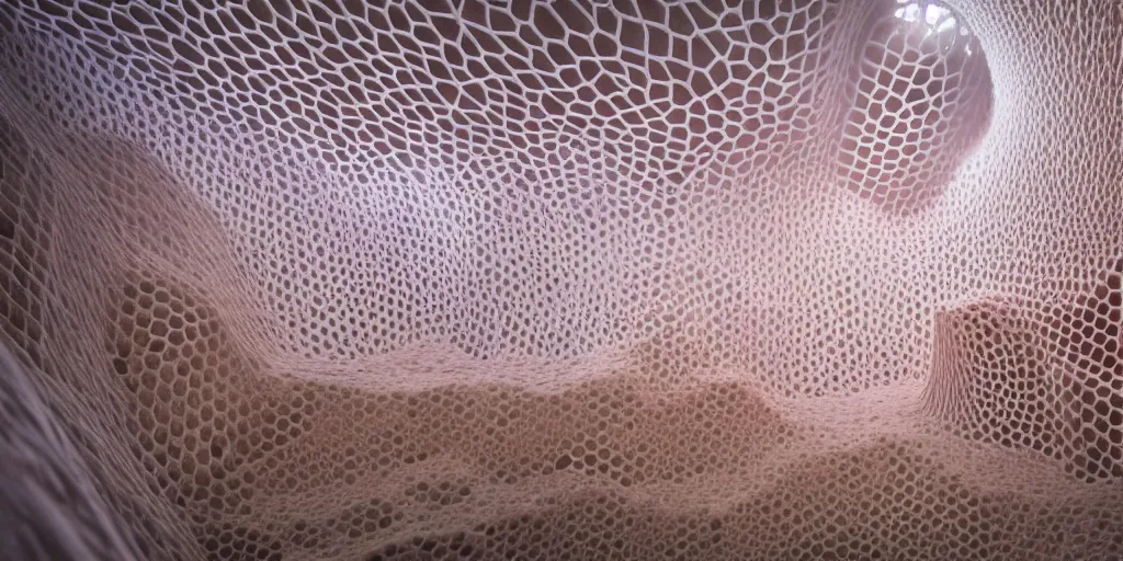 Prompt: white honeycomb organic building by ernesto neto, light - mint with light - pink color, 4 k, insanely quality, highly detailed, film still from the movie directed by denis villeneuve with art direction by zdzisław beksinski, telephoto lens, shallow depth of field