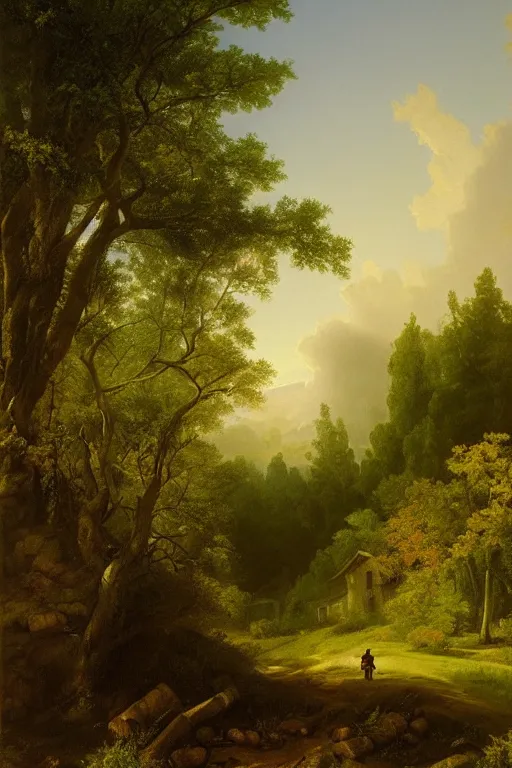 Image similar to asher brown durand oil painting on canvas of over the garden wall background concept art, scenery, woods, extreme detail, dark and mysterious lighting