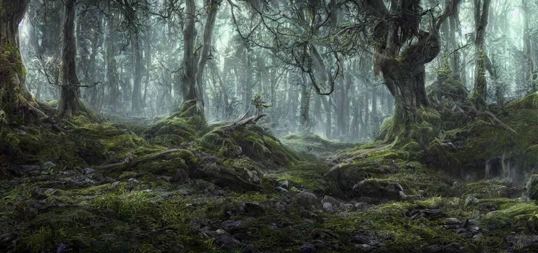 Prompt: A beautiful hyper realistic ultra detailed lifelike matte painting of a dark fantasy forest, unreal engine, deviantart, flickr, artstation, octane render, textured, colorful, extreme realistic detail, physically based rendering, pbr render, very detailed, volumetric lighting, detailed lighting, octane render, 4k, cinematic lighting, 8k resolution