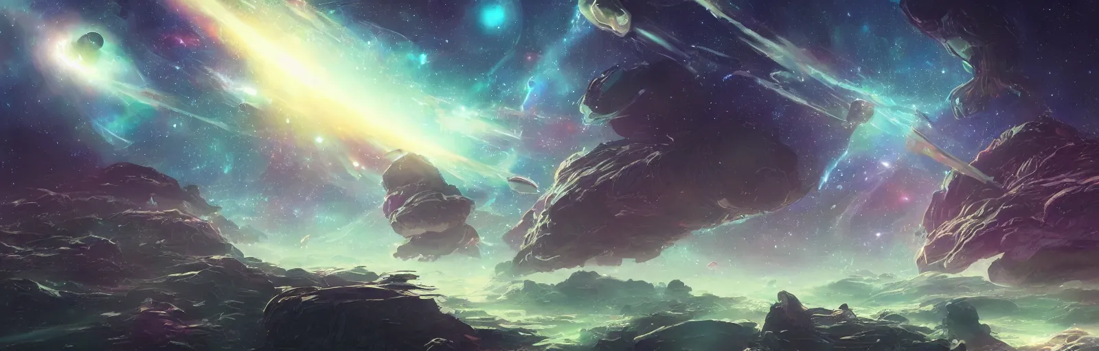 Image similar to concept art of an alien outer space galaxy, open expanse, stars, meteorites, floating debris, beautiful, fantasy, colorful, cinematic lighting, artstation, trending, highly detailed, focus, smooth, by studio ghibli, rossdraws, hirohiko araki, conrad roset, yoshitaka amano