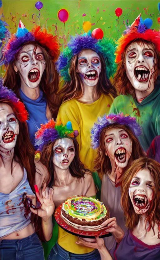 Prompt: beautiful detailed photorealistic painting of a group of friends dressed as zombies, wearing party hats and holding a beautiful birthday cake. vibrant, high quality, vibrant colors, very funny, beautiful, hq. hd. 4 k. award winning. trending on artstation