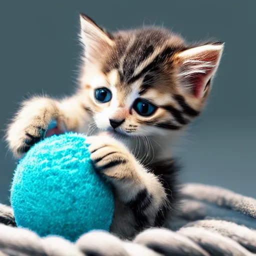 Image similar to professional photo of a kitten playing with a ball of yarn, 4k, highly detailed