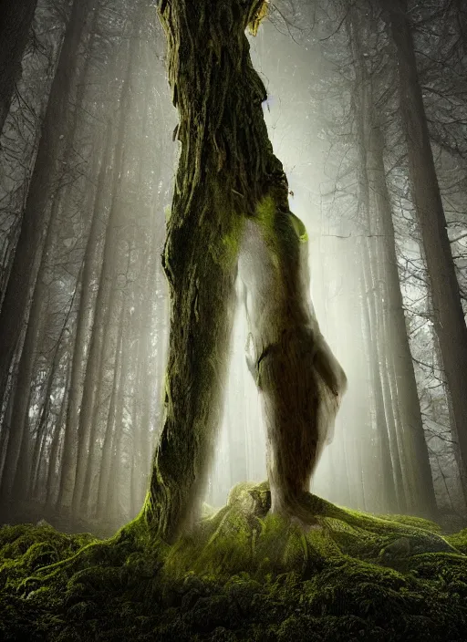 Image similar to a digital 3 d hyperrealistic ancient tree with an old man face covered with bark, eyebrows and mustache made of moss, in a dark mysterious forest at night, dramatic mysterious lighting,