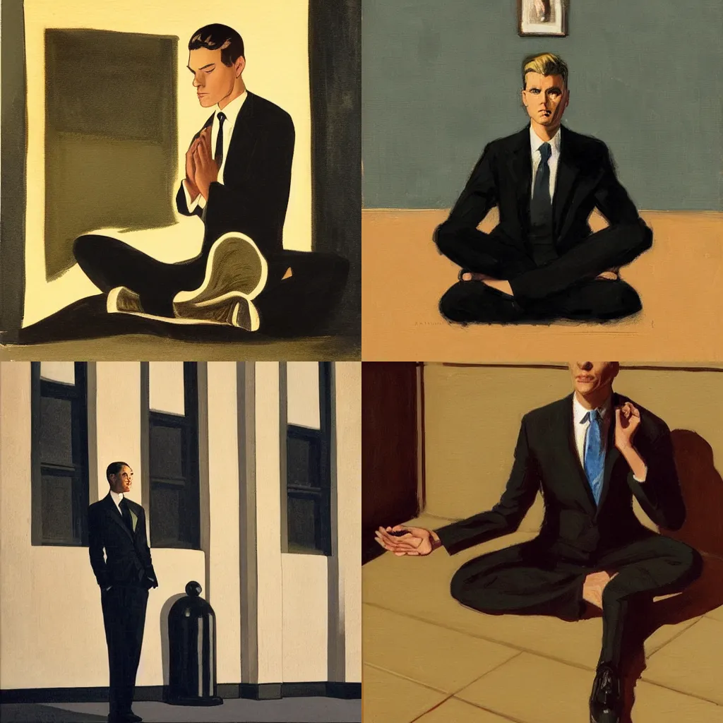 Prompt: man in black suit, meditation pose, new york buildings, leyendecker style
