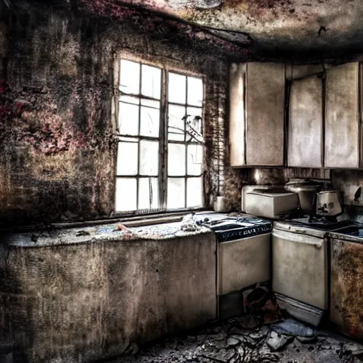 Prompt: An abandoned kitchen. This place is really scary. 8k. Fantasy horror