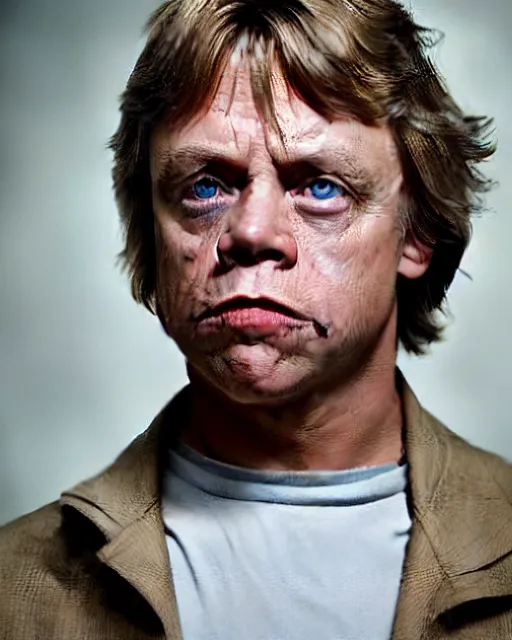 Image similar to very low angle high quality hyper realistic portrait of young mark hamill portraying luke skywalker, dark dramatic lighting, portrait realistic and insanely detailed, great composition, 8 k