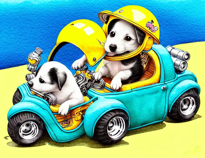 Image similar to cute and funny, puppy wearing a helmet riding in a tiny hot rod with an oversized engine, ratfink style by ed roth, centered award winning watercolor pen illustration, isometric illustration by chihiro iwasaki, edited by range murata, tiny details by artgerm and watercolor girl, symmetrically isometrically centered, sharply focused