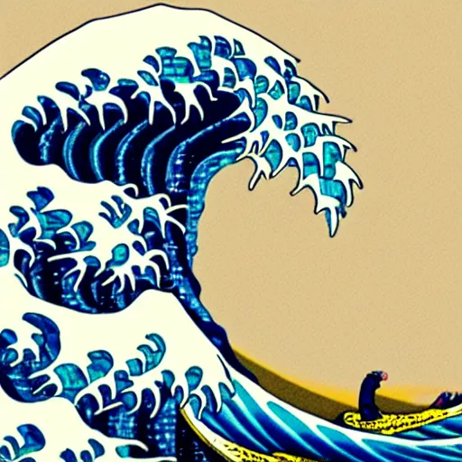 Prompt: detailed illustration, a elderly man surfing in the style of the great wave off kanagawa,