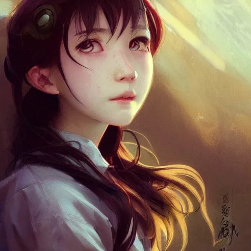 Image similar to a cute fourteen year old japanese girl, evil smile, freckles!!!, fully clothed, highly detailed, digital painting, artstation, concept art, sharp focus, illustration, cinematic lighting, art by artgerm and greg rutkowski and alphonse mucha