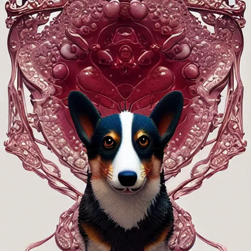 Image similar to corgi with strawberry skin : by michal karcz, daniel merriam, victo ngai and guillermo del toro : ornate, dynamic, particulate, intricate, elegant, highly detailed, centered, artstation, smooth, sharp focus, octane render